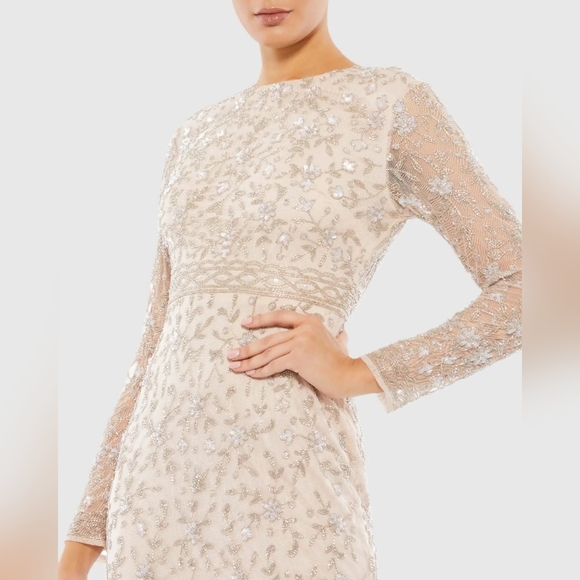 Mac Duggal Beige Beaded Tea Length Dress w/ Sheer Sleeves - Picture 2 of 6